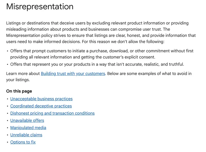Google Merchant Center Help page Misrepresentation policy