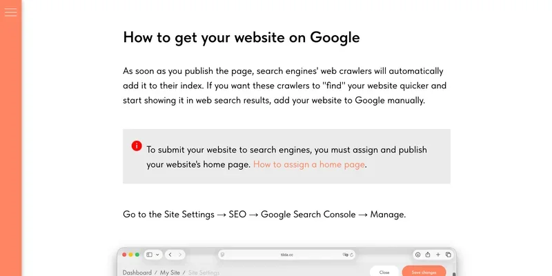 Tilda SEO guide section on getting a website onto Google through Google Search Console
