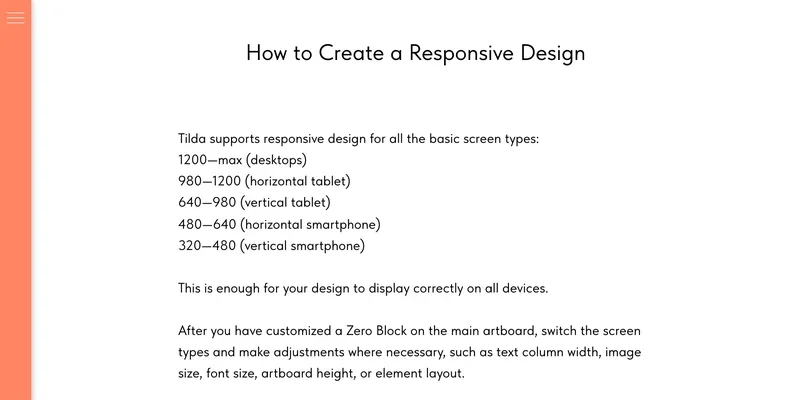 Tilda help center page on responsive design in Zero Block, listing five screen-size ranges
