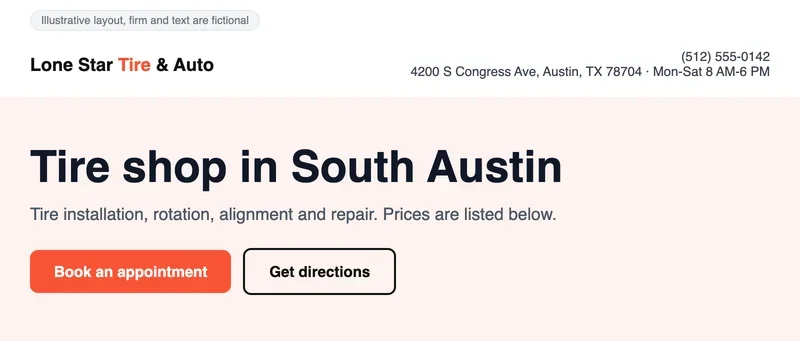 Mockup of the first screen of a location page: phone, address and hours in the header, an H1, and two buttons: Book an appointment and Get directions