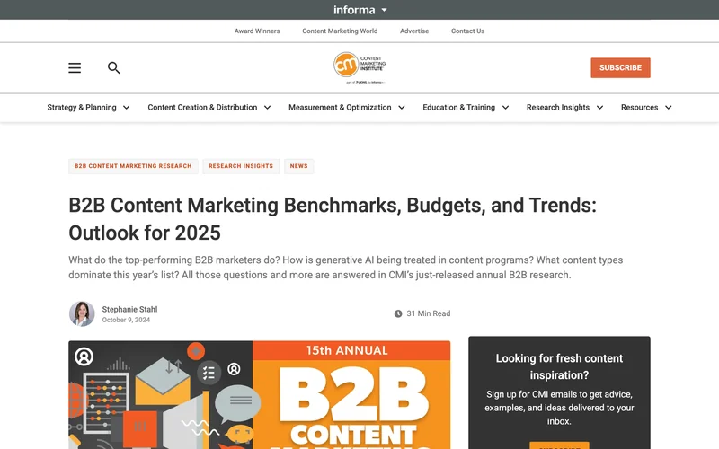 Страница исследования Content Marketing Institute о бенчмарках и бюджетах B2B-маркетинга