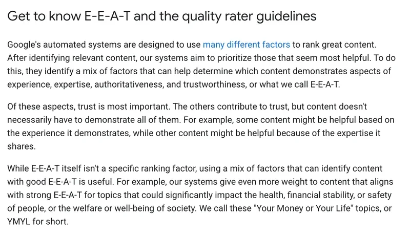 Google Search Central page explaining E-E-A-T and YMYL topics