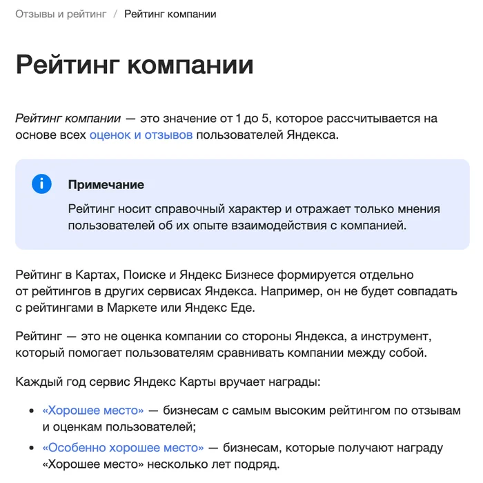 Справка Яндекс Бизнеса о рейтинге компании