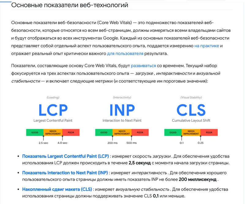 Шкалы LCP, INP и CLS с пороговыми значениями в материале web.dev