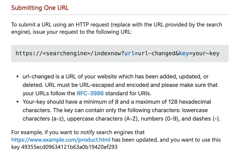 IndexNow documentation: submitting one URL with an example request and key
