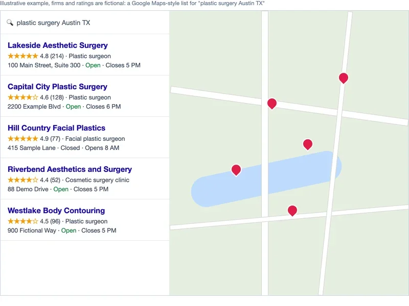 Mock Google Maps-style list of plastic surgery practices in Austin with ratings, review counts and a map