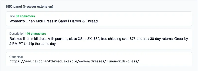 Mockup of an SEO extension panel showing a title, a description and a canonical URL with their lengths