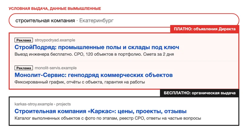 Схема выдачи: рекламные объявления над органическими результатами