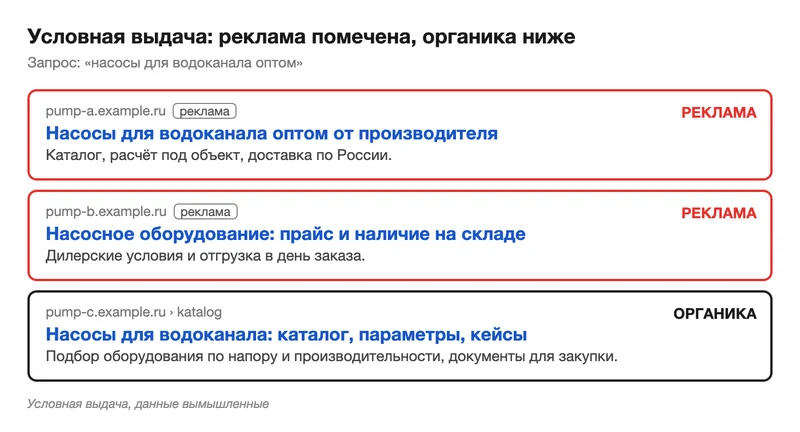 Условная выдача по запросу «насосы для водоканала оптом»: два объявления с пометкой «реклама» и органический результат ниже