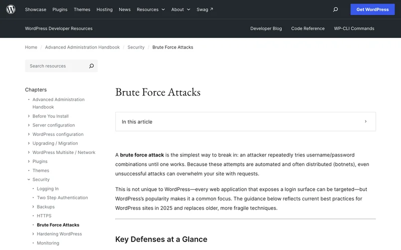 Страница справочника WordPress Brute Force Attacks с определением перебора паролей и разделом Key Defenses at a Glance