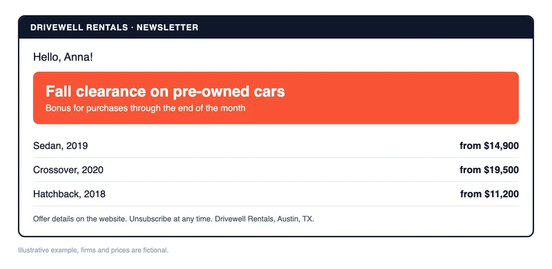 Illustrative promotional email mockup with a personal greeting and a used-car offer list in dollars