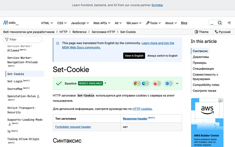 Страница MDN о заголовке Set-Cookie с описанием синтаксиса