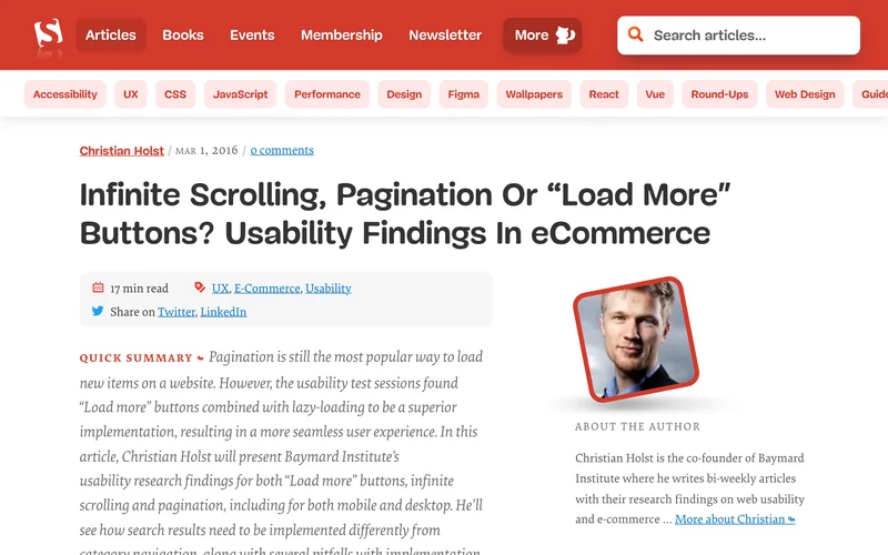 Статья Smashing Magazine о бесконечной прокрутке, пагинации и кнопке Load more