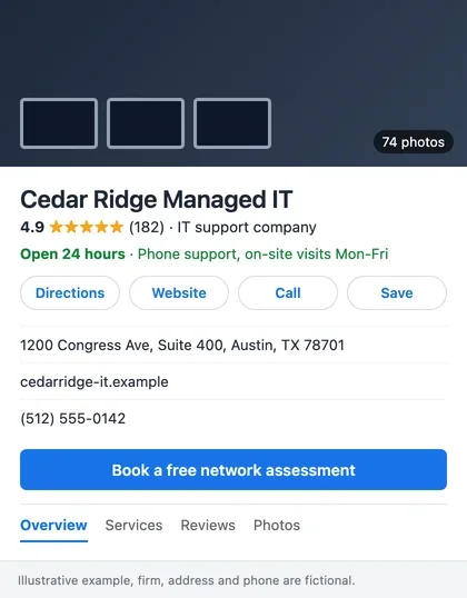 Illustrative Google Business Profile of a managed IT company