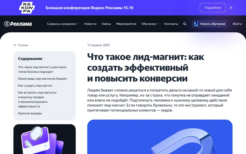 Статья Яндекс Рекламы о лид-магните: заголовок и оглавление