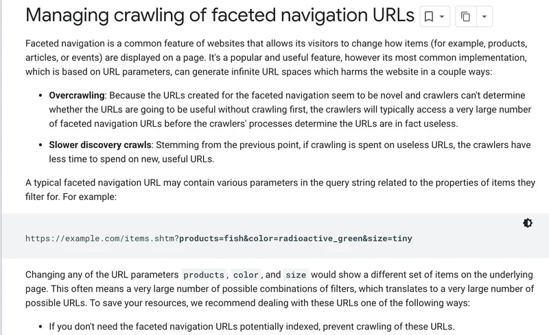 Google Search Central page Managing crawling of faceted navigation URLs