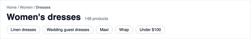 Mockup of a category page header with breadcrumbs, an H1, a product count and collection links