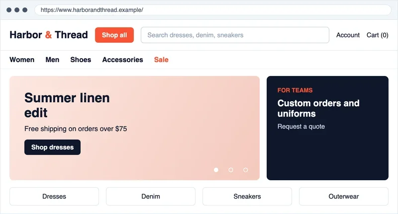 Mockup of a clothing store homepage with a search bar, a Shop all button, category links and a promotion banner