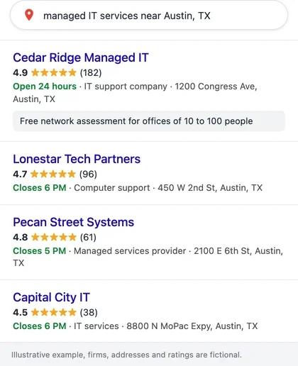 Illustrative Google Maps results for managed IT services near Austin, TX