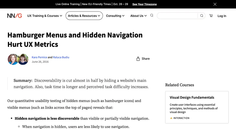 Статья Nielsen Norman Group о скрытых меню