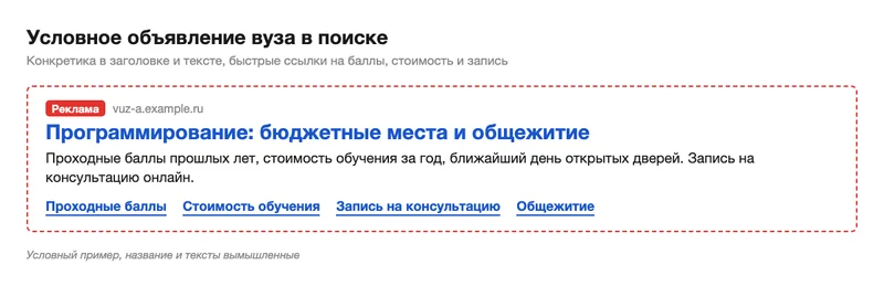 Схема рекламного объявления вуза с быстрыми ссылками