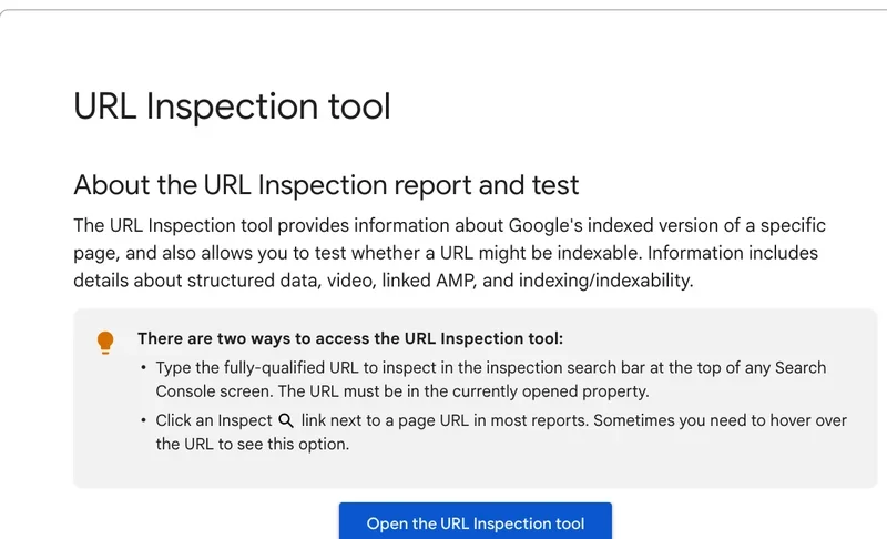 Google Search Console Help page for the URL Inspection tool with a button to open the tool