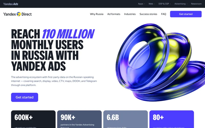 Страница Yandex Ads с описанием Яндекс Директа и охватом аудитории