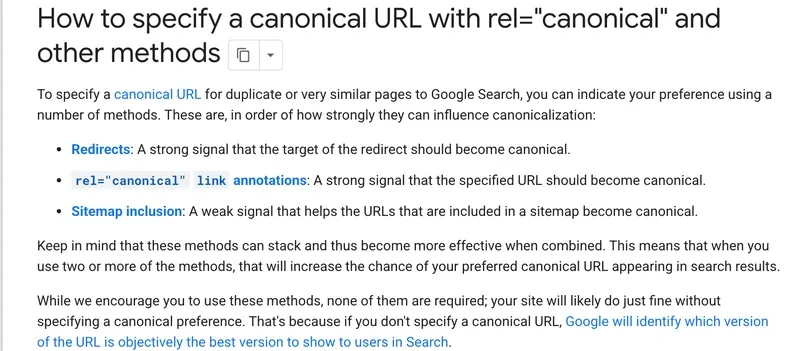Google Search Central page on specifying a canonical URL with rel canonical and other methods