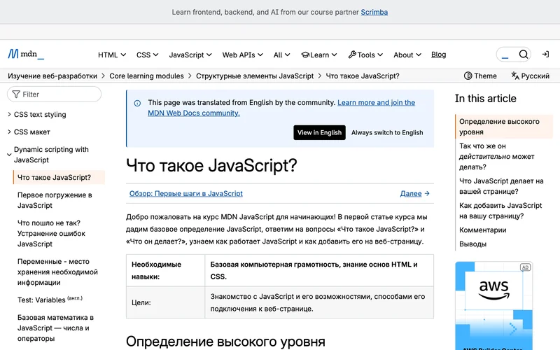Страница MDN Что такое JavaScript с таблицей навыков и целей