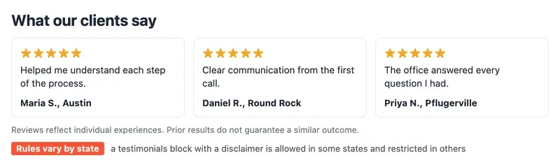 Mockup of a client review block with a disclaimer and a note that rules vary by state