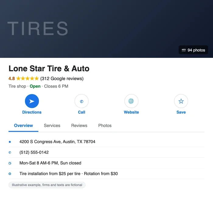 Mock Google Maps business profile for Lone Star Tire and Auto in Austin TX: rating, category, hours, buttons for directions, call and website, address and phone