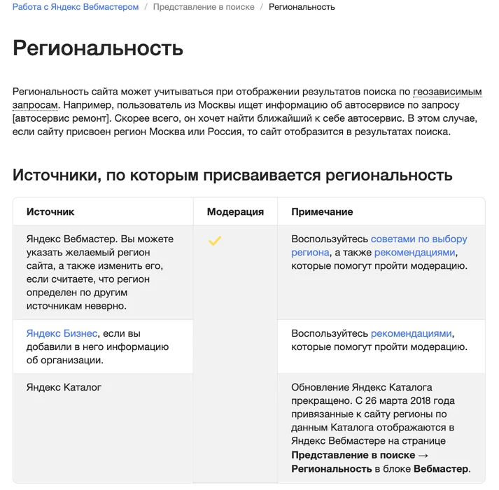 Страница справки Яндекса «Региональность» с таблицей источников региона сайта