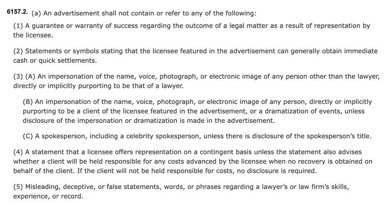 California Business and Professions Code section 6157.2 listing what a lawyer advertisement may not contain