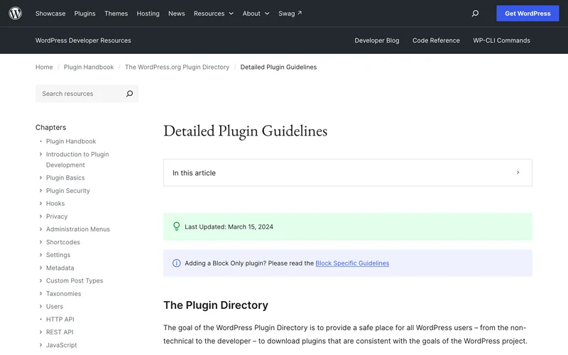 Страница Detailed Plugin Guidelines справочника разработчика WordPress