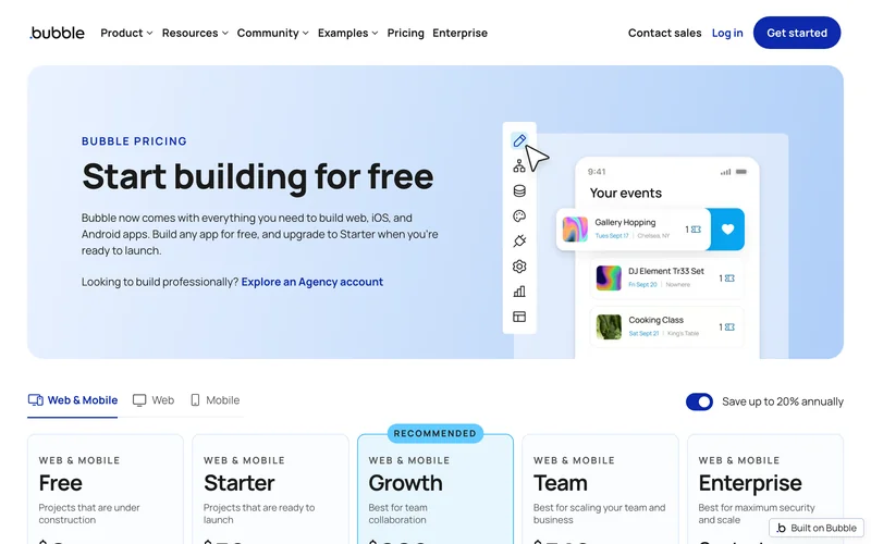 Страница тарифов Bubble с карточками планов Free, Starter, Growth, Team и Enterprise