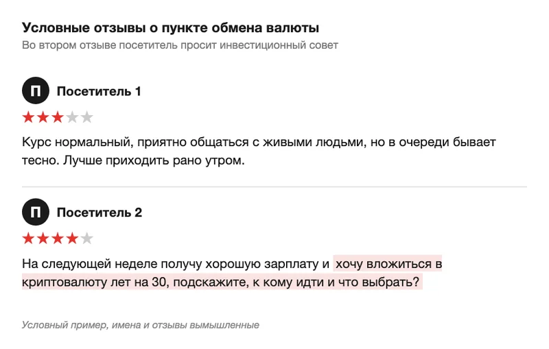 Схема из двух отзывов, во втором выделен вопрос о вложении в криптовалюту