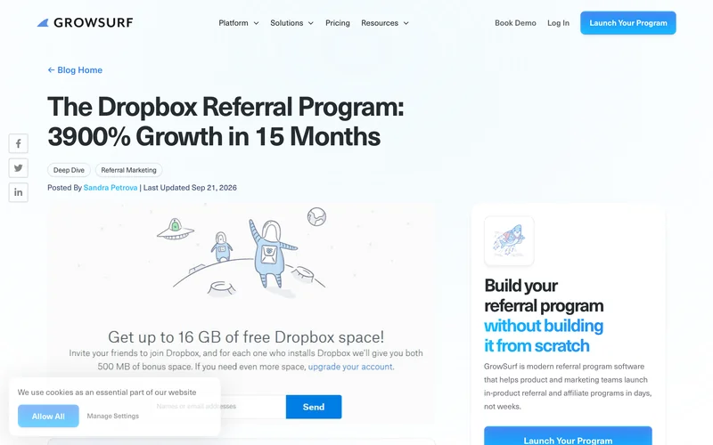 Статья о реферальной программе Dropbox с иллюстрацией приглашения друга
