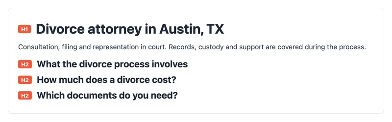 Mockup of a page layout with an H1 and three H2 headings for a divorce attorney page