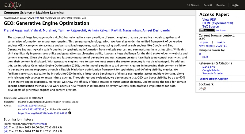 Страница препринта GEO: Generative Engine Optimization на arXiv