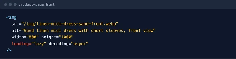 HTML snippet with an img tag that has alt, width, height and loading lazy attributes