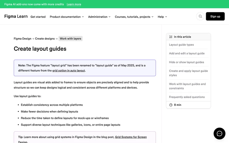 Страница справки Figma Create layout guides с описанием направляющих