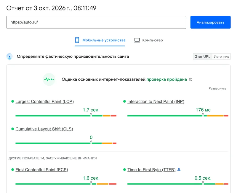 Отчёт PageSpeed Insights для мобильной версии с пройденной оценкой основных интернет-показателей