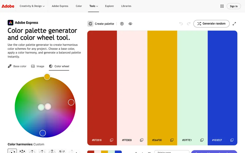 Страница Adobe Color с цветовым кругом и палитрой из пяти оттенков