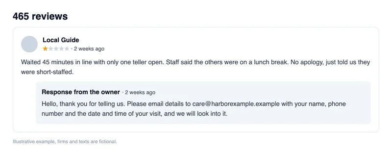 Illustrative owner response under a customer review asking the customer to send details