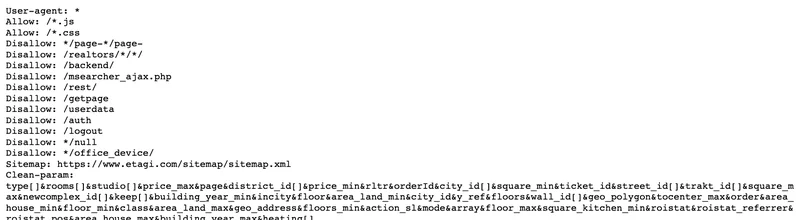 Файл robots.txt агентства недвижимости с директивами Disallow и Clean-param