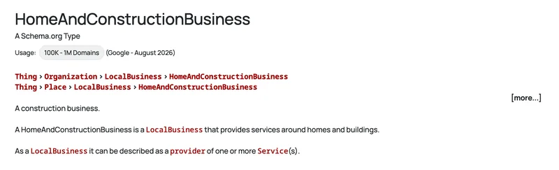 Страница типа HomeAndConstructionBusiness на schema.org с цепочкой наследования от LocalBusiness