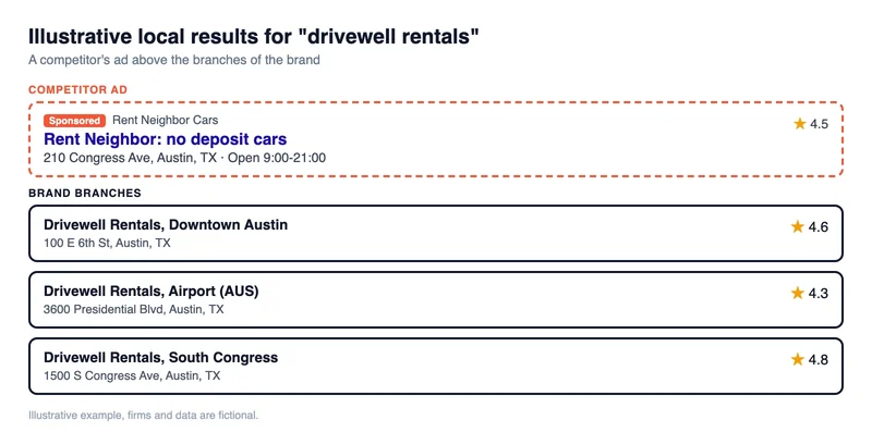 Illustrative map results with a competitor ad above branch locations of a car rental brand