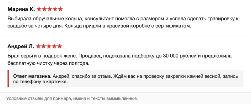 Условные отзывы о ювелирном магазине