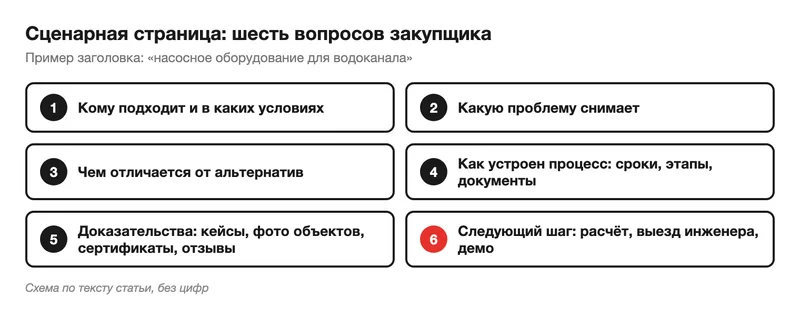 Сценарная страница отвечает на шесть вопросов закупщика: для кого, какую проблему снимает, чем отличается, как устроен процесс, какие есть доказательства, какой следующий шаг