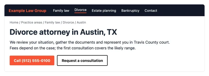 Mockup of a practice area page for a divorce attorney in Austin with breadcrumbs and a call button